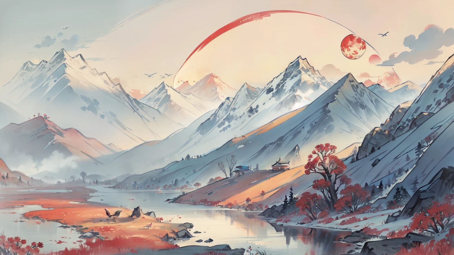Chinese flower and bird painting, This painting shows many flowers blooming on the ground., Mountains and rivers, Trees, hills, A red full moon in the sky, (No numbers appear)