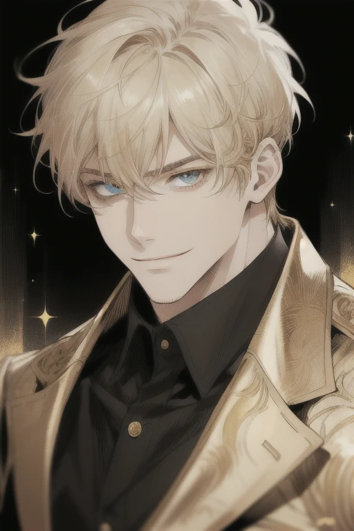 masterpiece, best quality, realistic, 1man, mature man, muscular tall, handsome, smile, closed mouth, portrait, extremely detailed face, (short hair), (golden hair), (heterochromia in eyes)