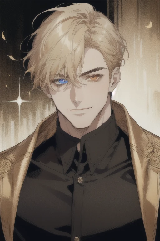 masterpiece, best quality, realistic, 1man, mature man, muscular tall, handsome, smile, closed mouth, portrait, extremely detailed face, (short hair), (golden hair), (heterochromia in eyes)