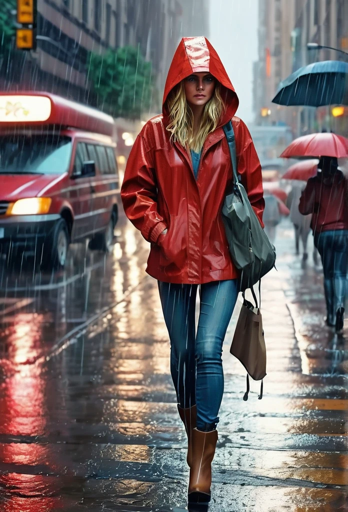 A picture of a modern brave and smart beautiful golden haired woman wears red jacket with hood walks in torrential rain confidently at the city sidewalk, bustling city with traffic jam when raining, with positive smirk, radiating her beauty in smart style, ultra sharp and crisp picture, a photo realistic illustration in Don Lawrence style, Studio Ghibli aesthetic, octane render