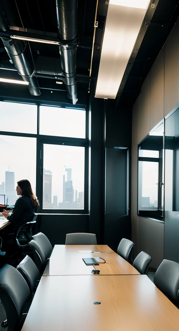 (best quality,4k,8k,highres,masterpiece:1.2),ultra-detailed,(realistic,photorealistic,photo-realistic:1.37),office in a skyscraper in a big city,male cyborg sits in a luxurious chair,modern technology,latest high-tech devices,[chrome details],[metallic surfaces],busy atmosphere,cityscape through the window,modern architecture,skyline,impressive view,efficient and clean design,smart office equipment,advanced holographic displays,high-speed internet connectivity,[neon lights], [high-rise buildings],professional work environment, futuristic elements,innovative furniture,well-organized,spacious and comfortable workspace,luxurious materials,ergonomic design,high-end equipment,contemporary interior design,monochrome color scheme,subtle and elegant color palettes,[ambient lighting],minimalistic decor,sleek and polished finishes,robotic assistants,interactive control panels,seamless integration of technology,meticulous attention to detail,[smooth surfaces],efficient workflow,advanced AI systems,secluded and private workspace,private meeting rooms,state-of-the-art security systems,privacy glass,[floor to ceiling windows],sophisticated conference rooms