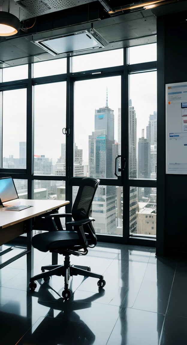 (best quality,4k,8k,highres,masterpiece:1.2),ultra-detailed,(realistic,photorealistic,photo-realistic:1.37),office in a skyscraper in a big city,male cyborg sits in a luxurious chair,modern technology,latest high-tech devices,[chrome details],[metallic surfaces],busy atmosphere,cityscape through the window,modern architecture,skyline,impressive view,efficient and clean design,smart office equipment,advanced holographic displays,high-speed internet connectivity,[neon lights], [high-rise buildings],professional work environment, futuristic elements,innovative furniture,well-organized,spacious and comfortable workspace,luxurious materials,ergonomic design,high-end equipment,contemporary interior design,monochrome color scheme,subtle and elegant color palettes,[ambient lighting],minimalistic decor,sleek and polished finishes,robotic assistants,interactive control panels,seamless integration of technology,meticulous attention to detail,[smooth surfaces],efficient workflow,advanced AI systems,secluded and private workspace,private meeting rooms,state-of-the-art security systems,privacy glass,[floor to ceiling windows],sophisticated conference rooms