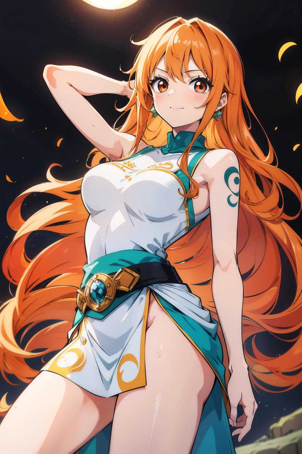Nami, a 1 girl with captivating anime-style beauty, boasts long wavy orange hair, cascading down to her waist, with a light yellowish tint and a Nami tattoo on her left shoulder. Her beautiful brown eyes are blushing slightly, throwing a warm and inviting gaze at the viewer. Her waist is very slim, adding to her sexiness, and she stands tall with a small, demure smile. The art style boasts best quality, 4K, 8K, highres, and masterpiece-level detailing, with ultra-realistic rendering. HDR, UHD, studio lighting, ultra-fine painting, sharp focus, and physically-based