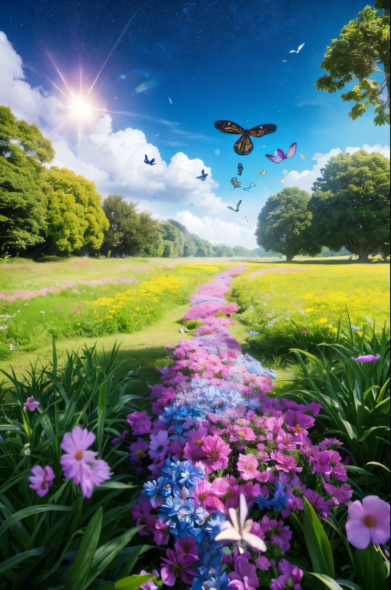 masterpiece, 最high quality, high quality, Very detailed cg unity 8k wallpaper, With vibrant colors and a bright night sky、an extremely colorful and pure fantasy environment, Star-filled sky, Bright green grass landscape, colorful trees々, Shining Fruit, Bright and shiny blue flower. The stream is a deep black color, The air is filled with sweet exotic scents. The environment looks like something out of a dream, Glowing butterflies and giant colorful birds fly around, Award-winning photography, Bokeh, Depth of written boundary, High resolution, bloom, chromatic aberration ,Realistic,Very detailed, Trending on Artstation, Trending on CGSociety, Complex, Attention to detail, dramatic, art：Mid Journey