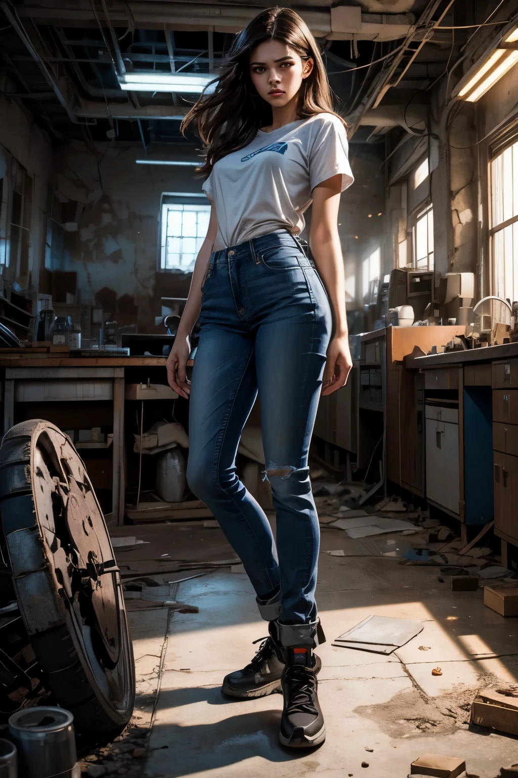 A beautiful woman stands with an angry expression on her face. Dark brown hair. Twenty years old. She's in a bombed-out science lab. In the space around her, pieces of concrete are floating in the air due to the telekinetic force she emits. She's wearing blue jeans.