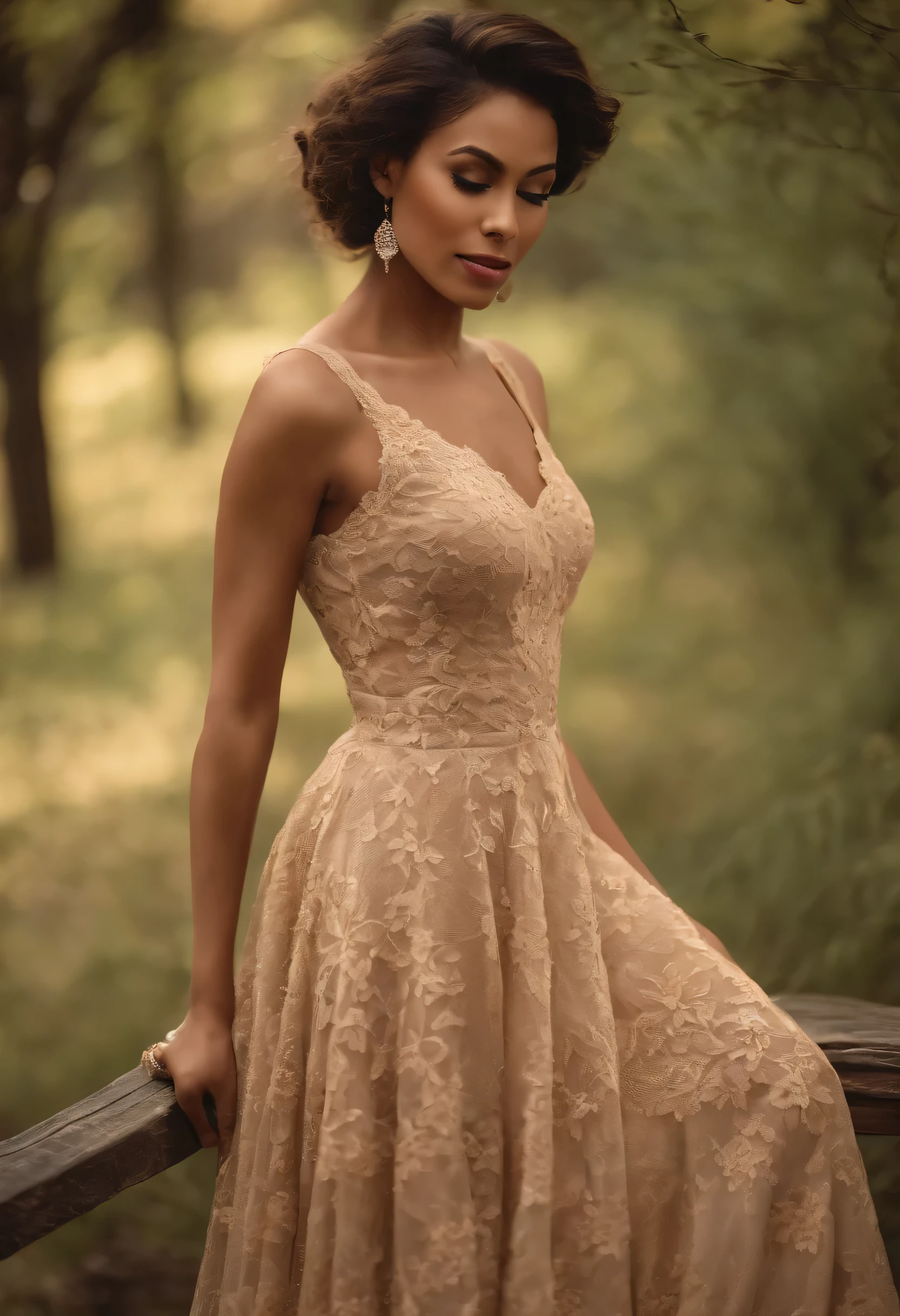 Corpo inteiro da mulher usando vestido de renda bege