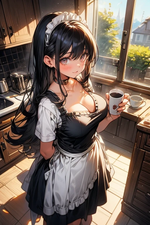 1lady,solo,cute,black hair and long hair,big bust,,standing,kitchen,Maid,barefoot,have a coffeecup,coffee,morning,window,sunlight