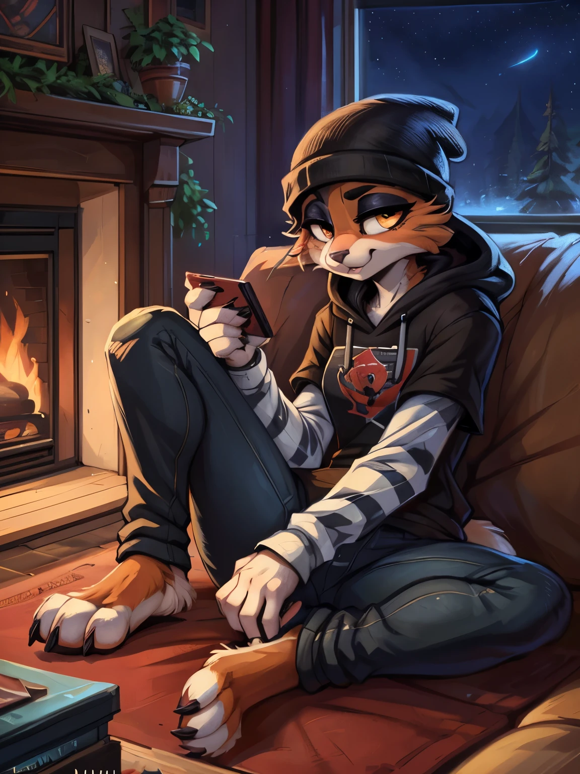 (best quality, masterpiece:1), solo, (shaded face:1.2), furry female anthro meowskulls, (noseless:1.1), sitting on couch, living room, tv, videogames, tail, medium breasts, bored, looking away, closed mouth, (mocking smile), (shivering:1.2), half-closed eyes, beanie, black hoodie, striped sleeves, black jeans, meowskulls paws, visible feet, (living room background, night), by kenket, Ross Tran, ruan jia, zaush, foxovh, by Zackary911, by hyattlen, by teranen, by fumiko, by Pixelsketcher, by Bayard Wu, by Thomas Benjamin Kennington, by Einshelm, by Kilinah, by Coffeesoda, by Hioshiru, by fluff-kevlar, by r-mk, by Dimwitdog, SFW