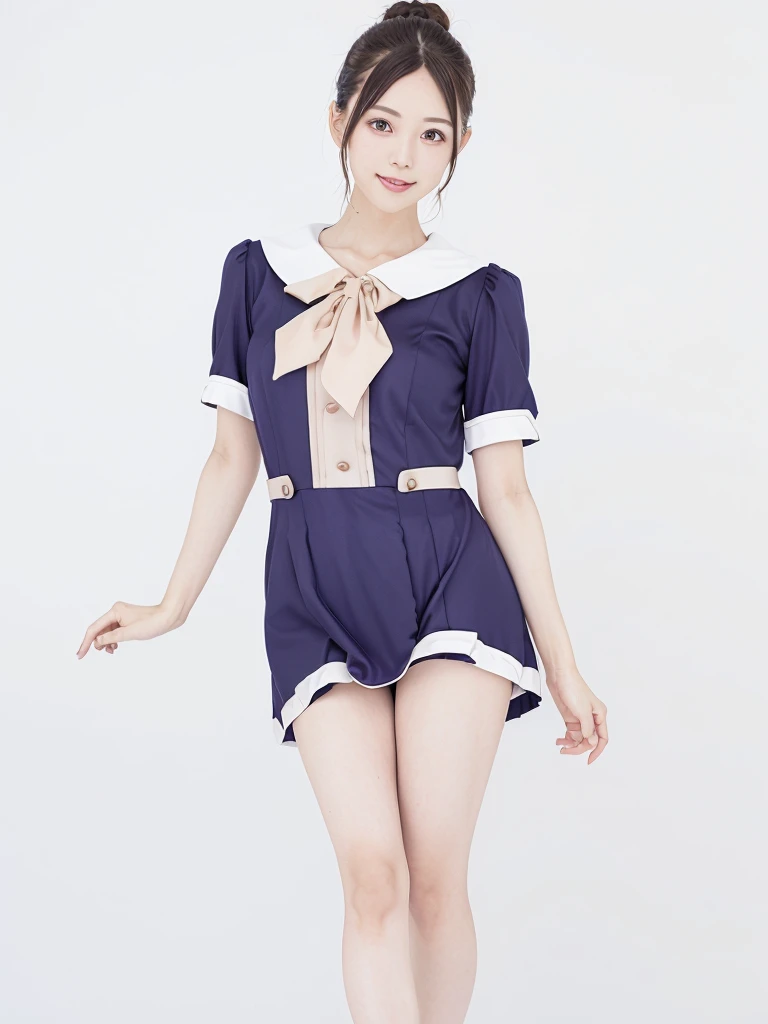 (highest quality),(High resolution),(8K),The whole body is shown,(Large Breasts:1.2),Long, slender legs,Beautiful feet,Slender,Narrow waist,(Hair up),Small Face,cute,smile,(Costumes with attention to detail:1.2),(One Japanese woman:1.2),mini skirt,On the bed