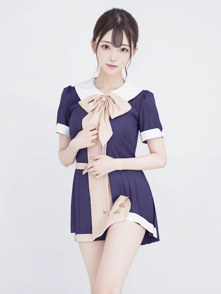 (highest quality),(High resolution),(8K),The whole body is shown,(Large Breasts:1.2),Long, slender legs,Beautiful feet,Slender,Narrow waist,(Hair up),Small Face,cute,smile,(Costumes with attention to detail:1.2),(One Japanese woman:1.2),mini skirt,On the bed