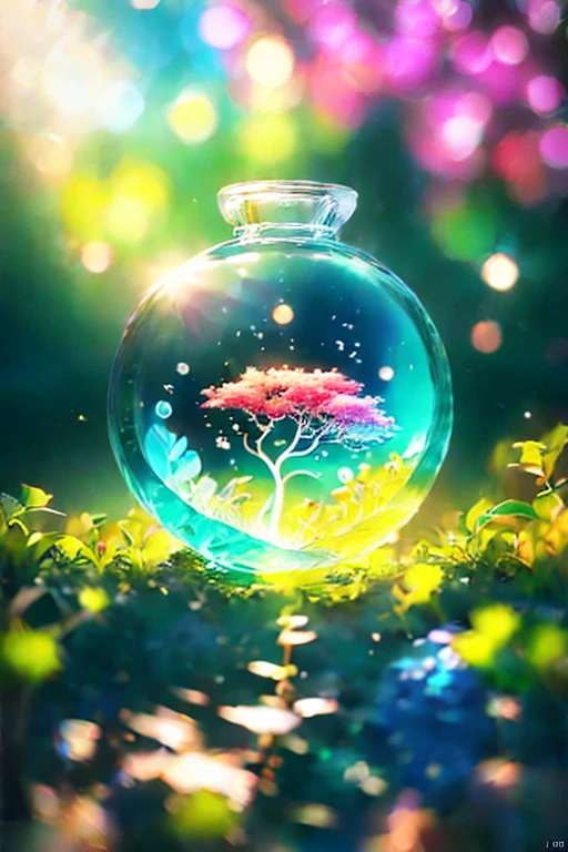 Cherry tree in a bottle, Fluffy, Practical, Atmospheric light refraction, photography:lee jeffries, Nikon d850 film stock photos 4 Kodak portra 400 camera f1.6 guns, Colorful, ultra Practical Practical textures, Dramatic Lighting, Unreal Engine Trends on artstation cinestill 800, Style - Glass