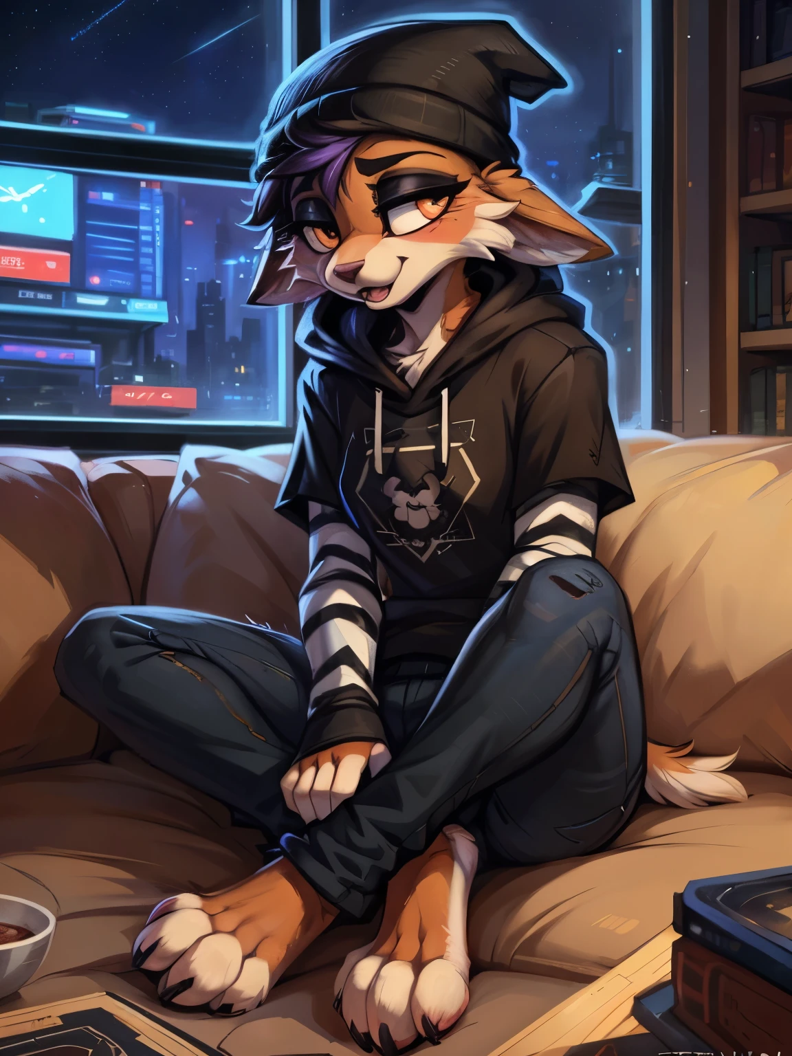 (best quality, masterpiece:1), solo, (shaded face:1.2), furry female anthro meowskulls, (noseless:1.1), sitting on couch, living room, tv, videogames, tail, medium breasts, bored, looking away, closed mouth, (mocking smile), (shivering:1.2), half-closed eyes, beanie, black hoodie, striped sleeves, black jeans, meowskulls paws, visible feet, (living room background, night), by kenket, Ross Tran, ruan jia, zaush, foxovh, by Zackary911, by hyattlen, by teranen, by fumiko, by Pixelsketcher, by Bayard Wu, by Thomas Benjamin Kennington, by Einshelm, by Kilinah, by Coffeesoda, by Hioshiru, by fluff-kevlar, by r-mk, by Dimwitdog, SFW