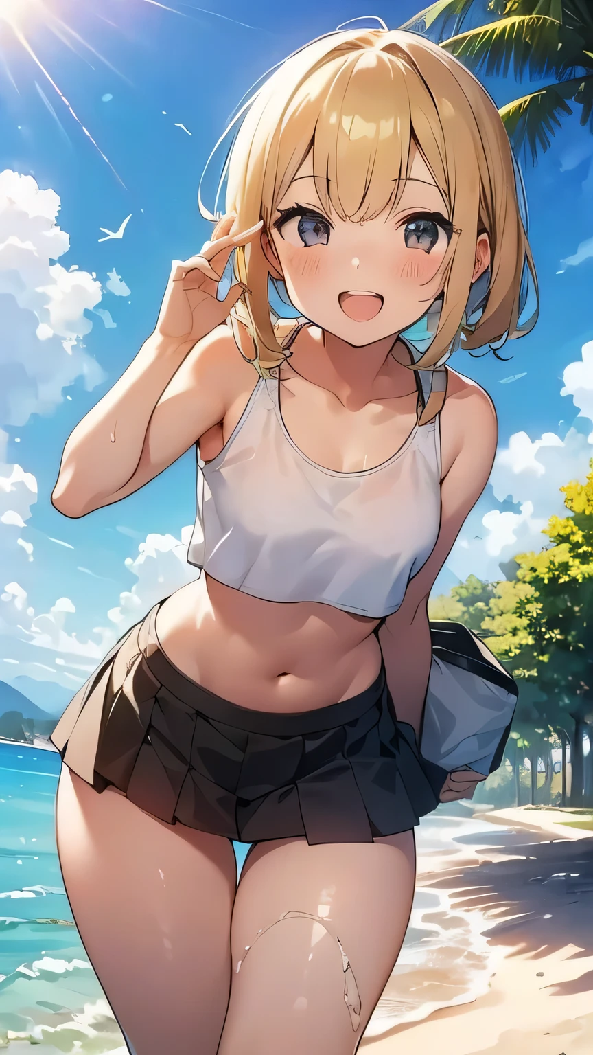 Best image quality,１People Girl,Light Hair,Shiny Hair,black eye,Shining Eyes,smile,Double teeth,(Sunburn,Bikini Bag),sunflower,stream,Water Play,Wet,Cute tank top,mini skirt,girl,small,small breasts,Navel Fashion,A skirt that falls down to the waist,