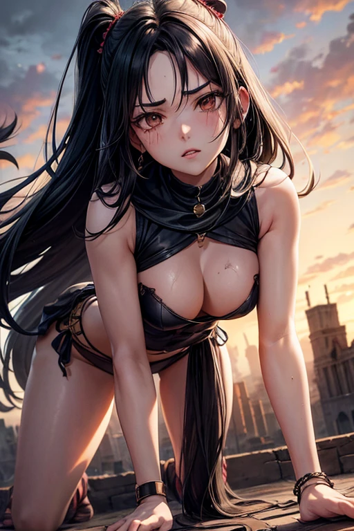 Draw Suzy, an anime-style female character with long straight black hair, thin black eyebrows, and brown eyes.  small breasts, thin waist, big perky ass, thick thighs.  she is wearing sexy medieval armor.  She is on all fours, wounded from a bloody battle.  facial expression of pain.  View from the side with the camera approaching her waist, zooming in on her waist, perspective from bottom to top.  scenery of a city devastated by war, reddish and dark sky, low light.  injuries and scratches on the body.  wrapped in black chains.