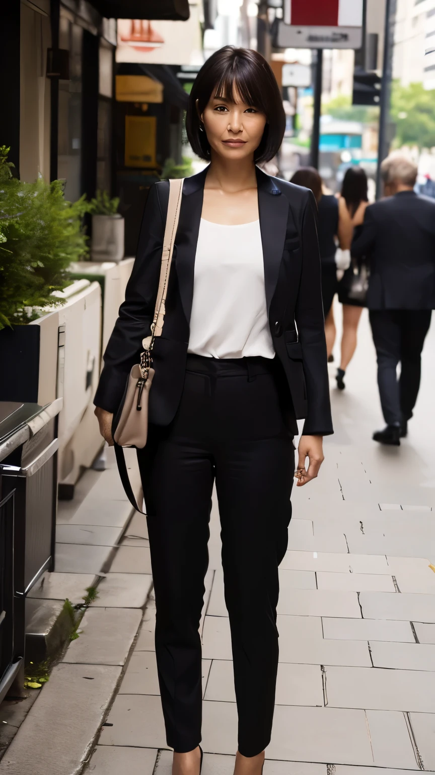 (beautiful woman, high resolution, wallpaper 8K screen, highest quality, real, ultra-definition, exquisite and perfect dynamic composition, (1 Japanese mature woman standing on the sidewalk in a business district), (pants suit: 1.4), (60 years old), (realistic skin texture) , (Fine wrinkles on the overall skin: 1.3), (Dull skin): 1.1), (Skin without moisture: 1.2), (Wrinkles on the face: 0.9), (Wrinkles around the corners of the eyes: 1.2), Double eyelids, Tear bag in the lower eyelid, looking away, serious expression, straight gaze, (dimples: 1.2), sharp eyes, dark and beautiful eyes, The eyes are on me, short hairstyle, short bangs, long hair, natural movement of the hair, Wearing a jacket over a tank top, high heels, glamorous body, (Shoulder bag: 1.2), (full body portrait), (angle from the legs: 1.5),