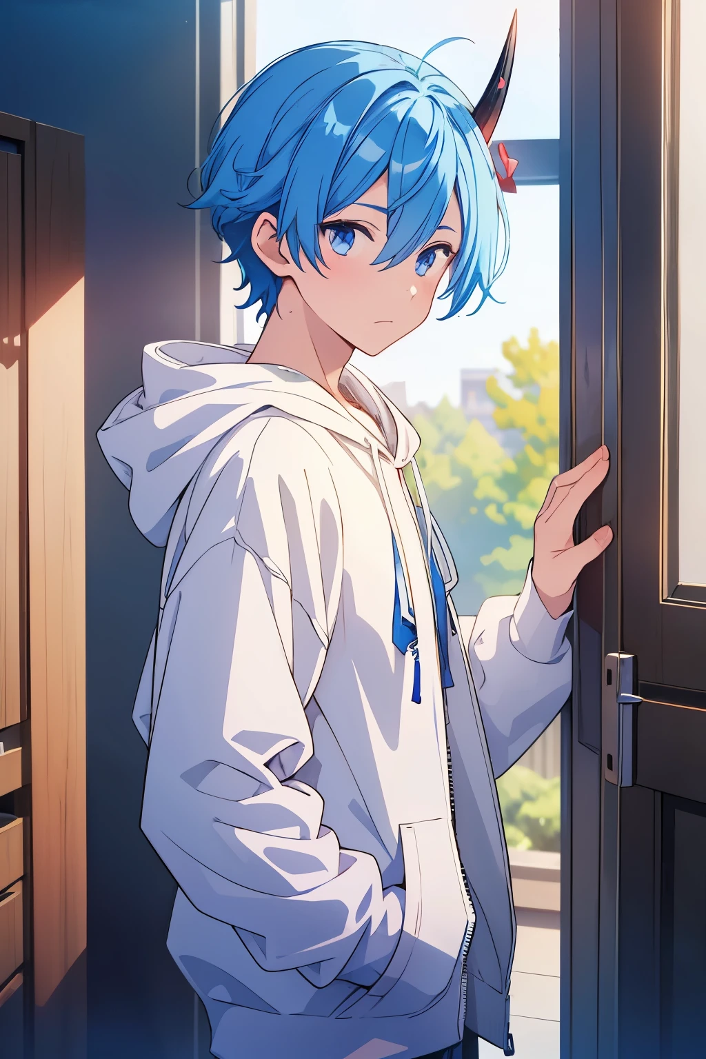 A boy around high school with blue hair, one demon horn and a white hoodie is standing there.