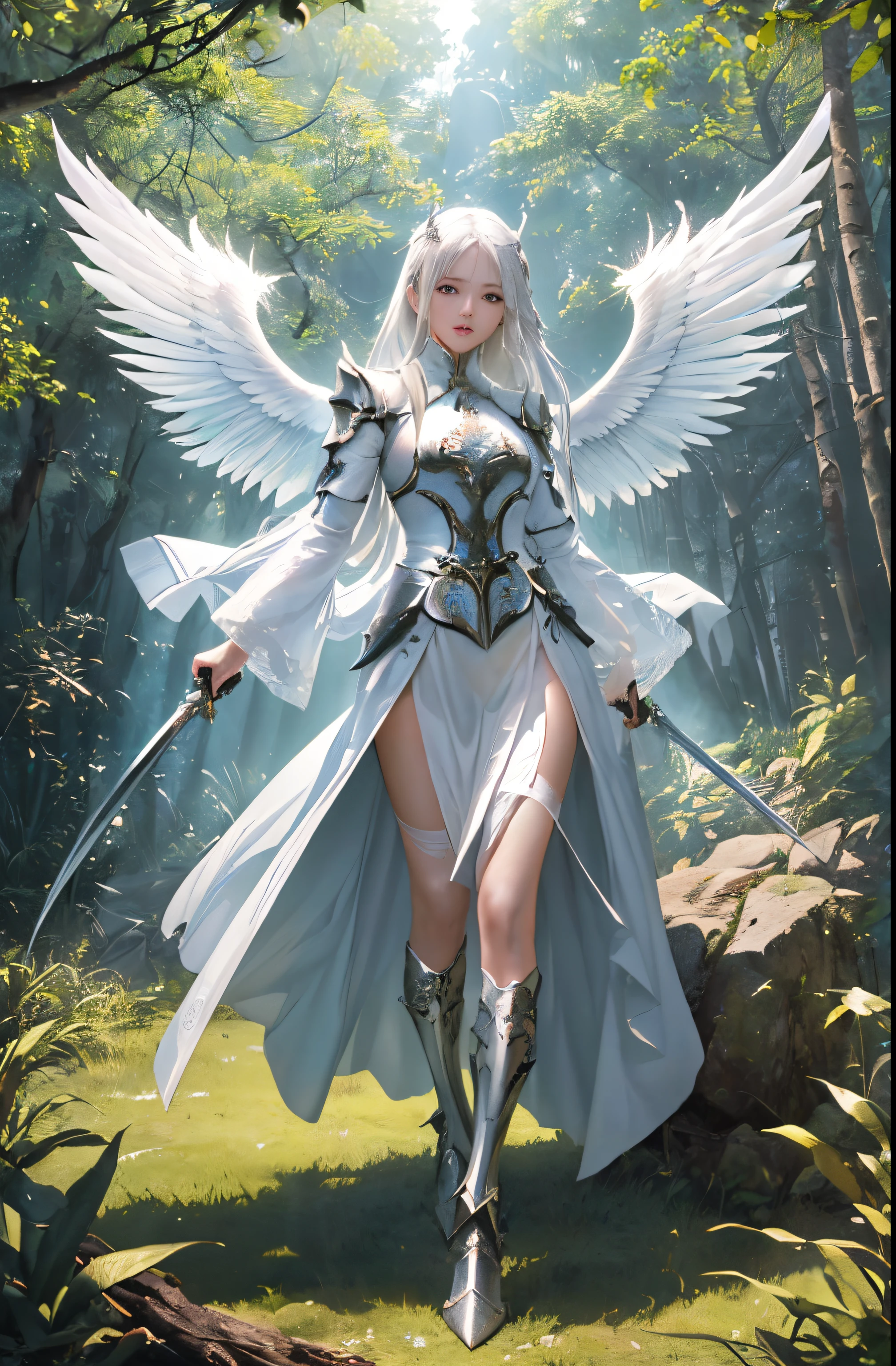 ((Top quality:1.4))、(A masterpiece like no other ever)、(Ultra clear)、(reality للغاية 8K CG)、(reality:1.4)、RAW photography、Cinematic light,In the dark forest、The tree is penetrated by sunlight、(com.actionpose:1.4)、(Dark shot:1.4)、A very beautiful Chinese girl 、Platinum white hair、Beautiful angel covered in jewels、((Highly detailed white premium mecha armor))、 Ver eyes、Broken angel wings、(Lots of great swords flying out of the air)、Lens flare、Shading by sunlight、8 is a great score、Skinny body、Add depth to photos with backlight effects、 Perfect anatomy、 Looking at the viewer、Full body 、Bird's eye view