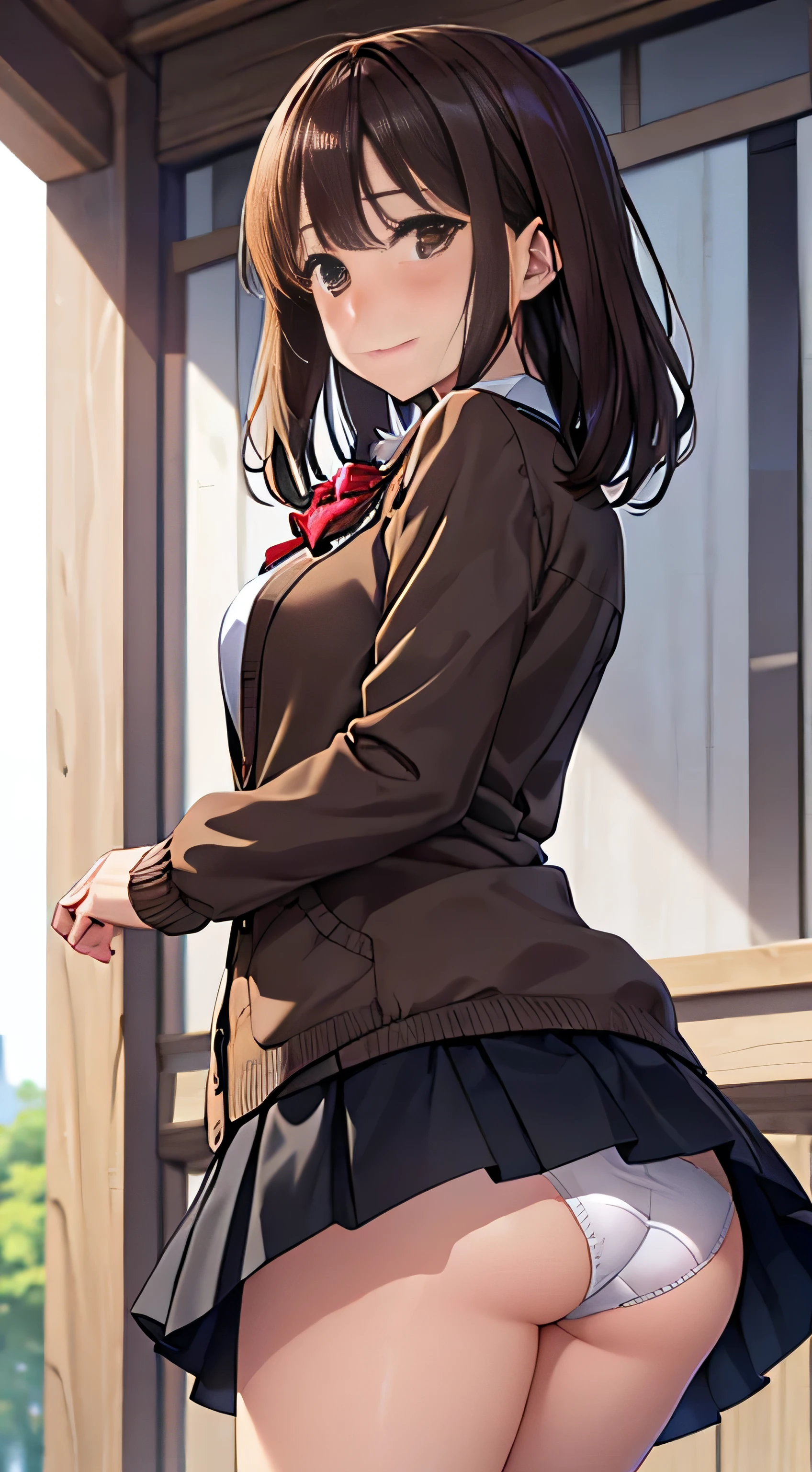 ((Tabletop, highest quality, High resolution, , Perfect Pixel, 4K,))), 1 high school girl, single, alone, beauty、The whole body is visible、 ((Mid-wave hair, bangs, Brown Hair)), ((Brown eyes, Beautiful eyelashes, Realistic eyes)), ((Detailed face, Blushing:1.2)), ((Smooth texture:0.75, Realistic texture:0.65, Realistic:1.1, Anime CG Style)), Medium Chest, Dynamic Angle, Perfect body, ((Red bow tie, , Black jacket, Open jacket, Brown cardigan, White shirt, Black Skirt, Check skirt)), 、、Very embarrassing panic smile, looked back、Leaning forward、The wind is blowing and my underwear is completely visible、Touch your with both hands、white and light blue floral lace panties、rom below)、