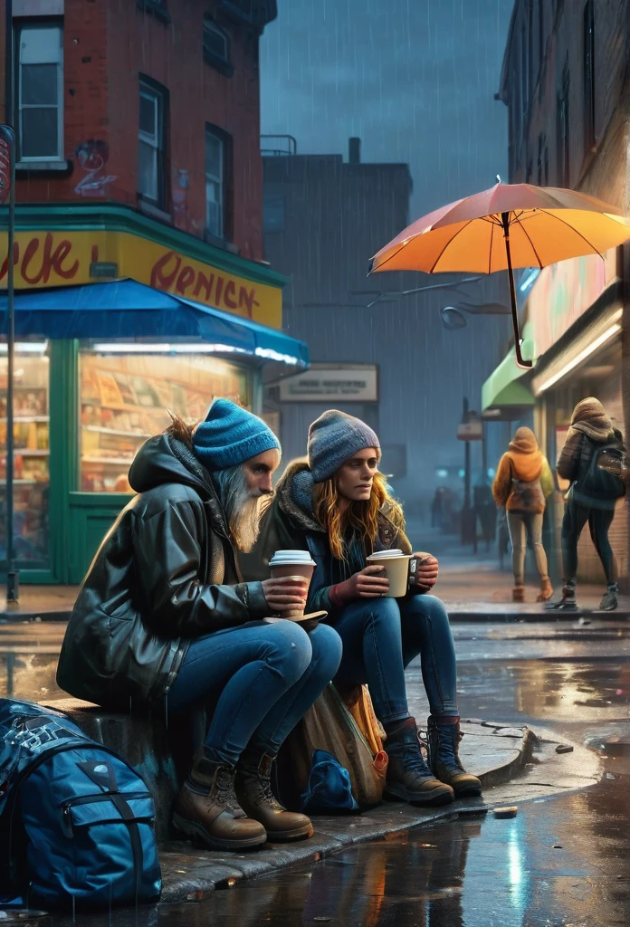 A RAW 8K picture of two beautiful female homeless refugees in their own city, sipping a cup of take away coffee on their camp on a pavement in front of an abandoned grocery store with graffiti on the wall, with a lot of neighboring tents, insanely detailed street objects, night street lighting, masterpiece cinematic illustration with Don Lawrence color pencil, octane render, ultra sharp and crisp, 4k, high resolution, with more people in the background, including an old man playing guitar nearby, with rainy weather and umbrellas