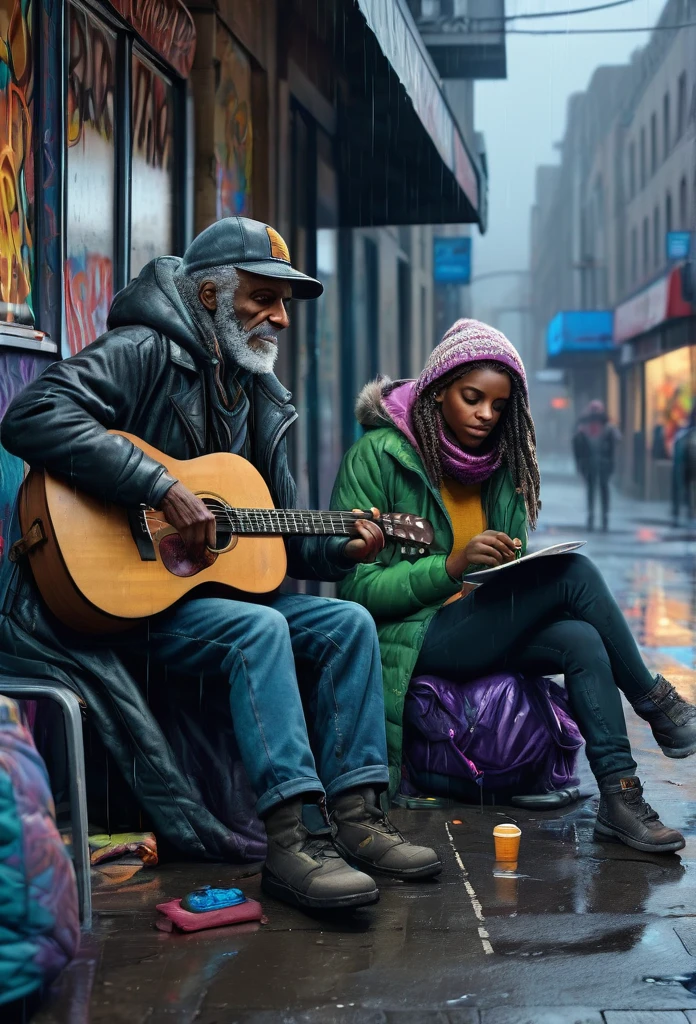 A RAW 8K picture of two beautiful female homeless refugees in their own city, sipping a cup of take away coffee on their camp on a pavement in front of an abandoned grocery store with graffiti on the wall, with a lot of neighboring tents, insanely detailed street objects, night street lighting, masterpiece cinematic illustration with Don Lawrence color pencil, octane render, ultra sharp and crisp, 4k, high resolution, with more people in the background, including an old man playing guitar nearby, with rainy weather and umbrellas