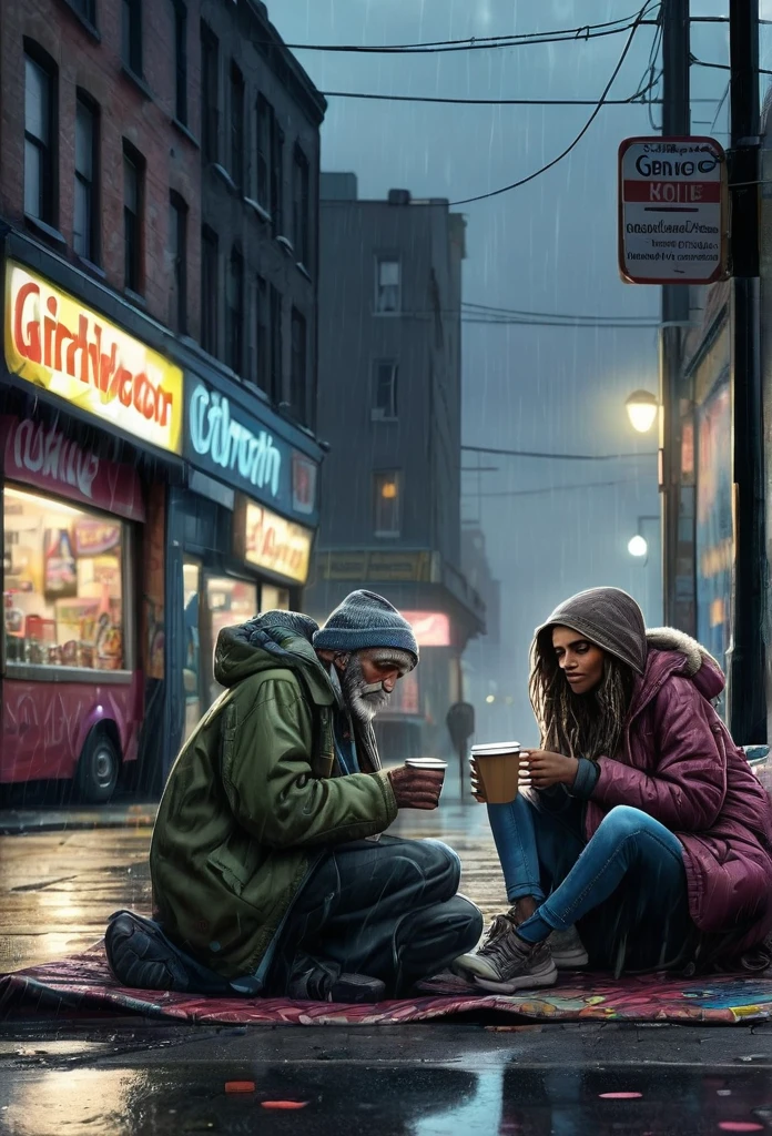 A RAW 8K picture of two beautiful female homeless refugees in their own city, sipping a cup of take away coffee on their camp on a pavement in front of an abandoned grocery store with graffiti on the wall, with a lot of neighboring tents, insanely detailed street objects, night street lighting, masterpiece cinematic illustration with Don Lawrence color pencil, octane render, ultra sharp and crisp, 4k, high resolution, with more people in the background, including an old man playing guitar nearby, with rainy weather and umbrellas