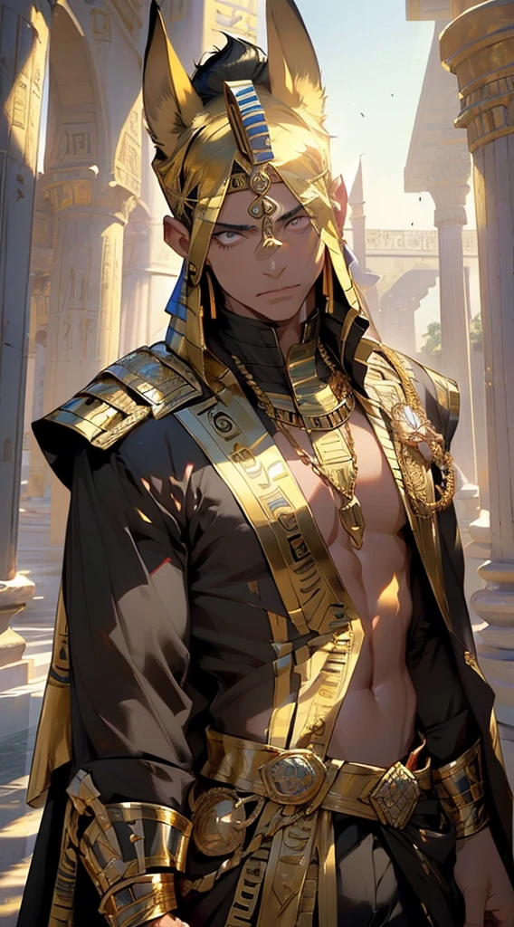 (male) of ancient Egypt,Egyptian,((((1male,1 male, 1man, 1 man:1.5,man,male,male gender:1.5)))),,macho man,
(((eyes golden:1.3))),intricate eyes,beautiful detailed eyes,symmetrical eyes,(ultra-detailed black eyes:1.1,symmetrical eyes:1),man chest,muscle chest,muscle,muscular,
opulent,sumptuous,
jewelry, ((anubis, egyptian jackal headed god, anthro)), (holding golden scales),golden armor:0.25,black & gold cape,((intricate outfit)),
dynamic pose,looking at viewer,angry ,centered,scale to fit dimensions,Rule of thirds,
outdoors,pillars,((pillars background,egyptian palace,egyptian palace background,pyramids in the background)),scenery,extremely scenery,(puddles everywhere,moss,moss on the background),sunset, golden hour),
(Glossy Egyptian ornaments),(top-quality,8K,32K,masterpiece),high resolution,(Photorealistic:1.4),Ray tracing,Sun glare,depth of fields,By backlight effect,Add depth to your screen,(((vibrant colors,vibrant theme))),(intricate),(high contrast,photorealistic artwork:1.37),(best quality,4k,highres,masterpiece:1.2),ultra-detailed,(realistic,photorealistic,photo-realistic:1.37),professional,