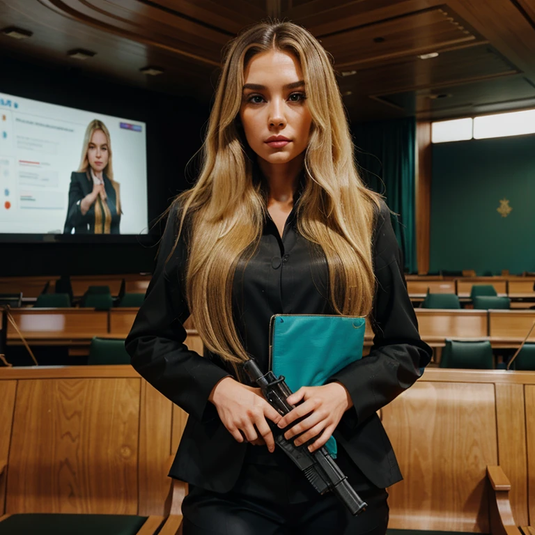 full-length,parliament meeting room, female deputy with long blonde hair, black stylish suit, turquoise blouse, decisive, contemptuous look, holding a gun, aiming, photorealistic, mega detail