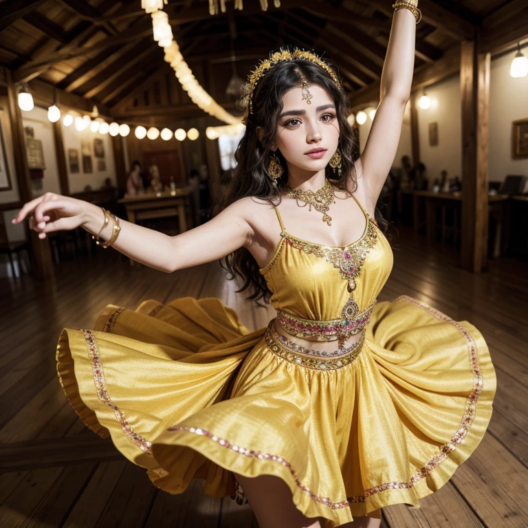 Gypsy dancing, vestido amarelo com detalhes dourados