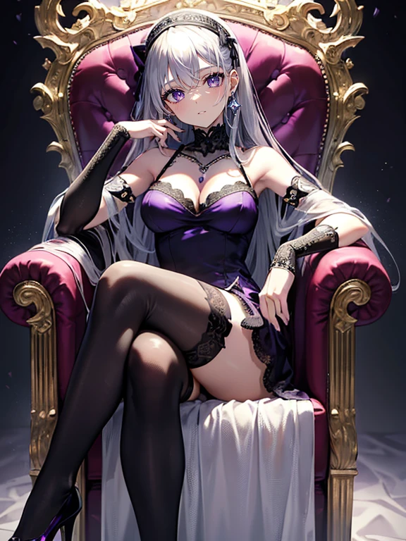 (masterpiece,best quality,ultra-detailed) beautiful and detailed face, detailed eyes, looking at viewer, full body, sitting in royal purple armchair, legs crossed, akemi homura, v dark purple silk dress, round medium breasts, black lace arm length gloves, black lace thigh highs, black heels, amethyst and silver cuff bracelet, silver and amethyst necklace, smirking