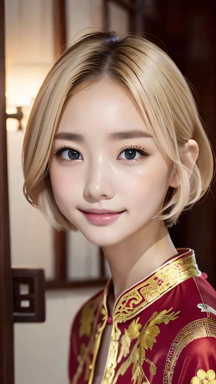 Realistic, masterpiece, highest quality, (1girl:1.3), Photo of a woman smiling happily, (Droopy eyes:1.3), Beautiful and detailed, Long, narrow eyes, Iris, Thin eyebrows, Delicate eyelashes, Long eyelashes, False eyelashes, (Hidden eyelid wrinkles:1.3), (Blonde, short hair, middle part:1.3), (Red antique and colorful Chinese dress:1.3), (Upper body photo:1.3), An old mansion where the wealthy Chinese live