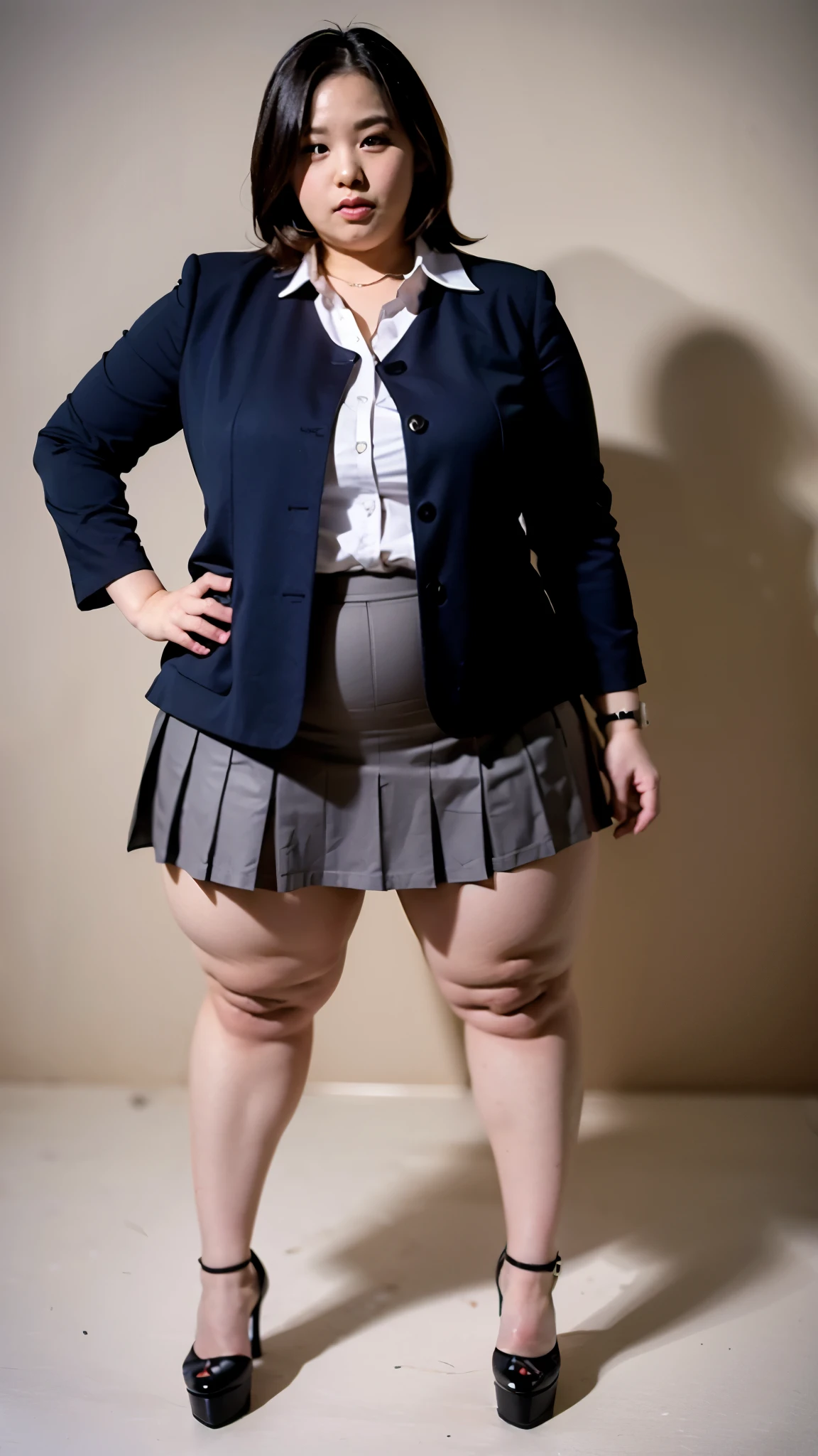 femele, Sexy, Plump Goddess, taken with canon 5d mk4, chubby, Pose Seductive, Plus Size, Mom Size, hi-school girl, Uniforms, a miniskirt, pupils, 18year old、Full body portrait、Simple white background、High heels、Standing on tiptoes、White shirt、Black Skirt、One Woman