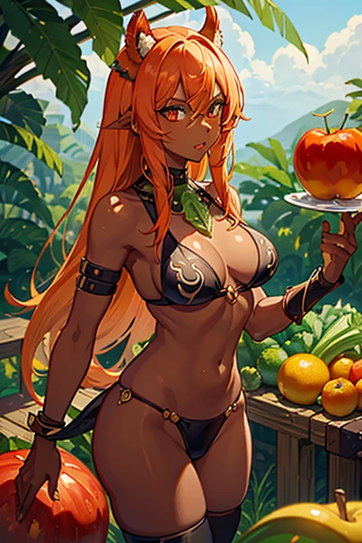 masterpiece, best quality, ultra-detailed
1girl, Dark-skinned Amazonian female warrior, red eyes, black eyeliner, orange hair, fang, tusk, bone armor, plunderer, skull headgear, beast
dinosaur hunting
Feasts, the fruits of hunting,
'(((fruits)))',
'(apple)', '(Tangerine)', '(Grape)', '(lemon)', '(kiwi)', '(banana)',
'(((vegetable)))',
'(tomato)', '(cabbage)', '(celery)', '(onion)',
'(((cowboy shot)))',