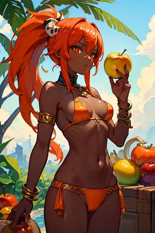 masterpiece, best quality, ultra-detailed
1girl, Dark-skinned Amazonian female warrior, red eyes, black eyeliner, orange hair, fang, tusk, bone armor, plunderer, skull headgear, beast
dinosaur hunting
Feasts, the fruits of hunting,
'(((fruits)))',
'(apple)', '(Tangerine)', '(Grape)', '(lemon)', '(kiwi)', '(banana)',
'(((vegetable)))',
'(tomato)', '(cabbage)', '(celery)', '(onion)',
'(((cowboy shot)))',