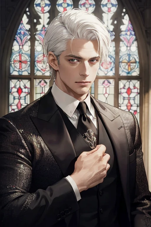 masterpiece, Best quality, Experience in the style of stained glass, upper body, Portrait of a handsome man with thick white hair, in a black suit with a deep slit, chest visible, (best light), Beautiful face, colorful, Photorealistic, high contrast, very detailed background, ultra detailed, super detailed skin, A slight glow, According to II, lens flare, sharpening, cinematic light