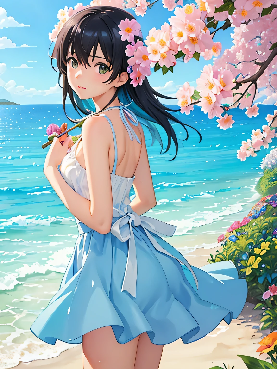 Makoto Shinkai style、8K Quality、Intense watercolor, Detailed watercolor art, Watercolor splash, Surreal, avant-garde pop art, Beautiful and expressive paintings, Beautiful artwork illustration, Very colorful tones, wonderful, Cool beauty, highest quality、Official Art, Vector art, Stylish design, ((The most beautiful girl of all time)), (((highest quality))), HDR, ((detailed)), (((Doodle Art)), ((masterpiece)), ((Super detailed)), (((Colorful flowers))), Midsummer Beach,