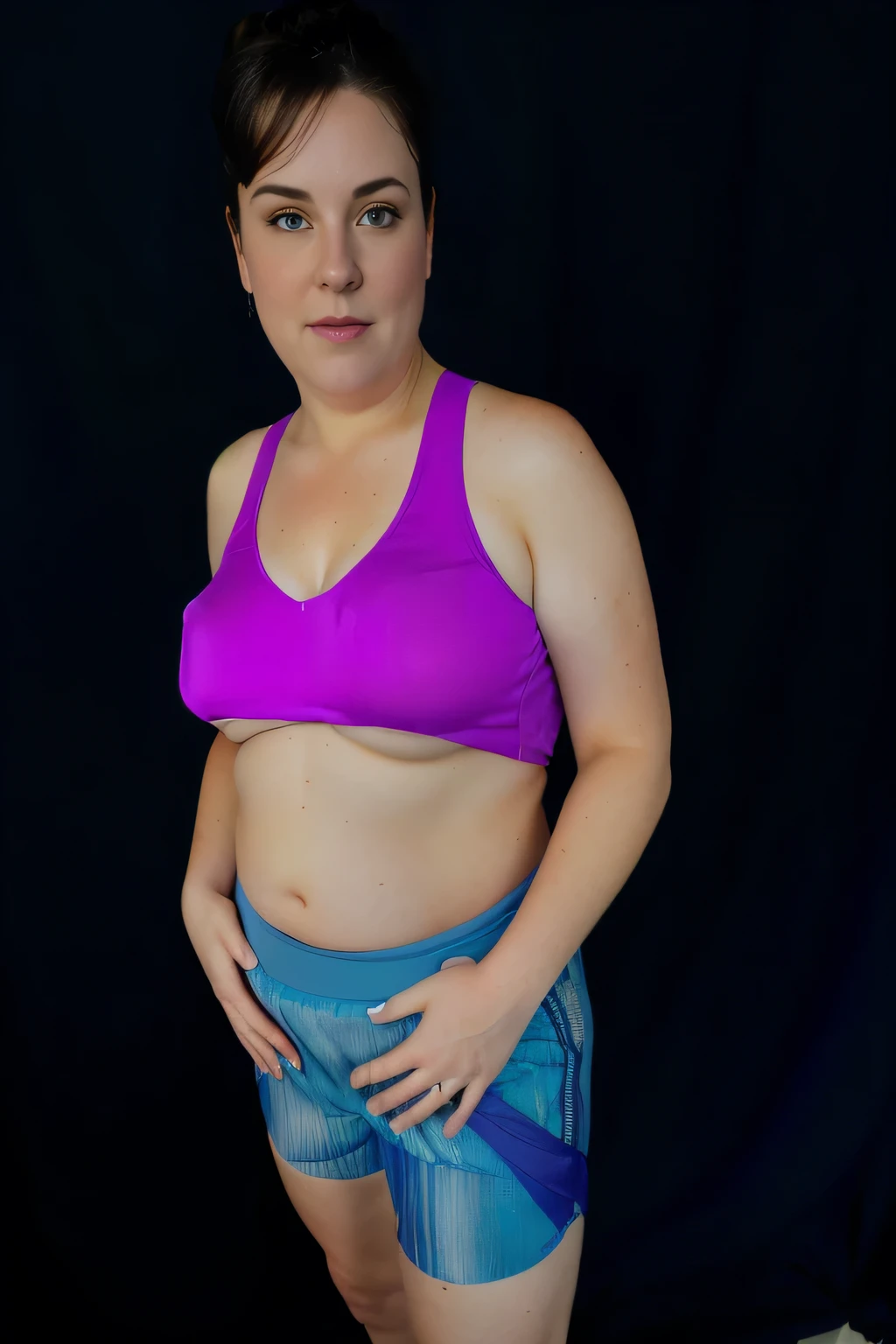 there is a woman in a purple top and blue shorts, her belly button is exposed, belly button showing, sweaty 4 k, folds of belly flab, wearing purple undershirt, her belly is fat and round, her face flushing and sweat, clothed non - nude portrait, belly exposed, half body portrait of juliana, middle shot waist up, half body cropping