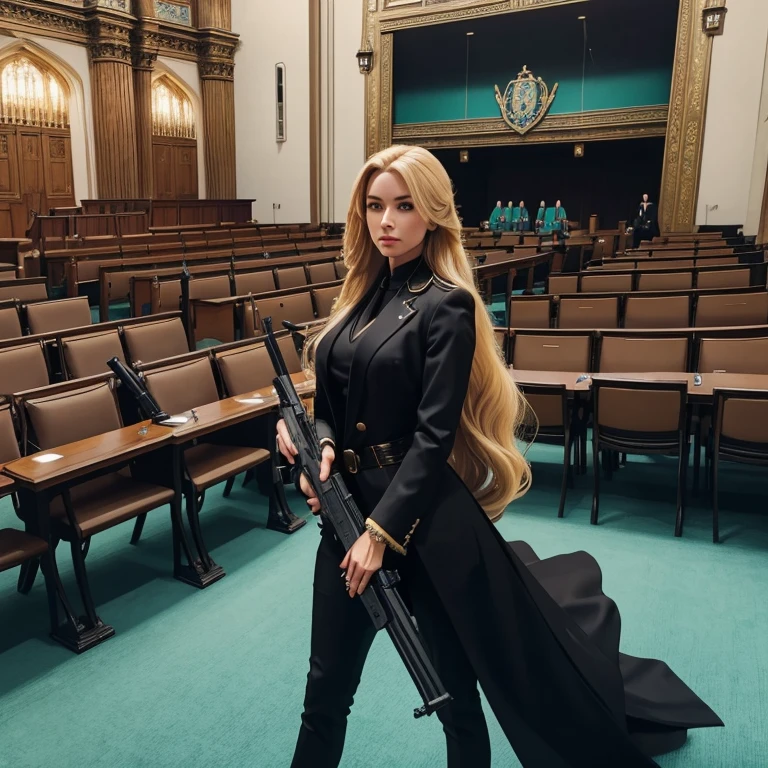 full-length,parliament meeting room, female deputy with long blonde hair, black stylish suit, turquoise blouse, decisive, contemptuous look, holding a gun, aiming, photorealistic, mega detail