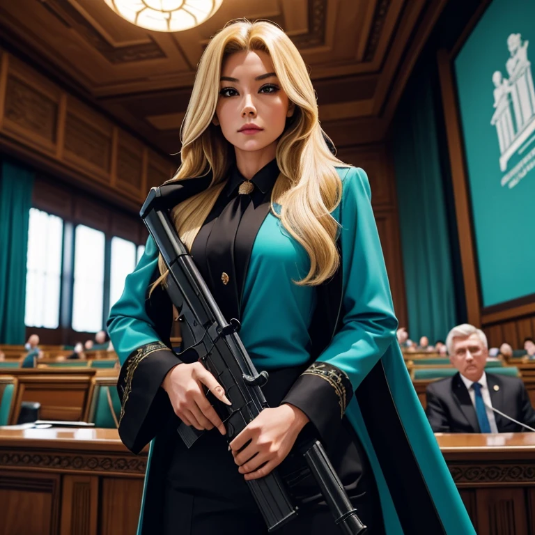 full-length,parliament meeting room, female deputy with long blonde hair, black stylish suit, turquoise blouse, decisive, contemptuous look, holding a gun, aiming, photorealistic, mega detail