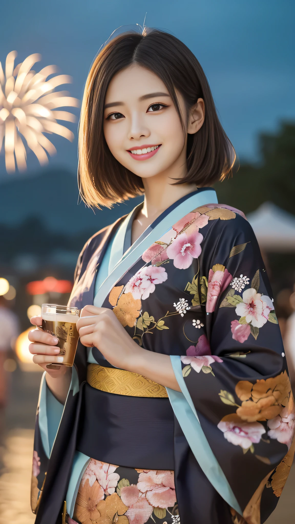 Looking at the camera,(((highest quality, 8k, masterpiece))), Sharp focus, (Beautiful woman with perfect figure), thin, (Hairstyle: superior)), ((kimono)), street, Highly detailed face and skin texture Detailed eyes Double eyelid Random pose, (smile),super cute Japan person,super beauty Japanese girl, Realistic Face, double eyelid,smile,Summer festival , At sunset , Beautiful Teeth , Fireworks Background.