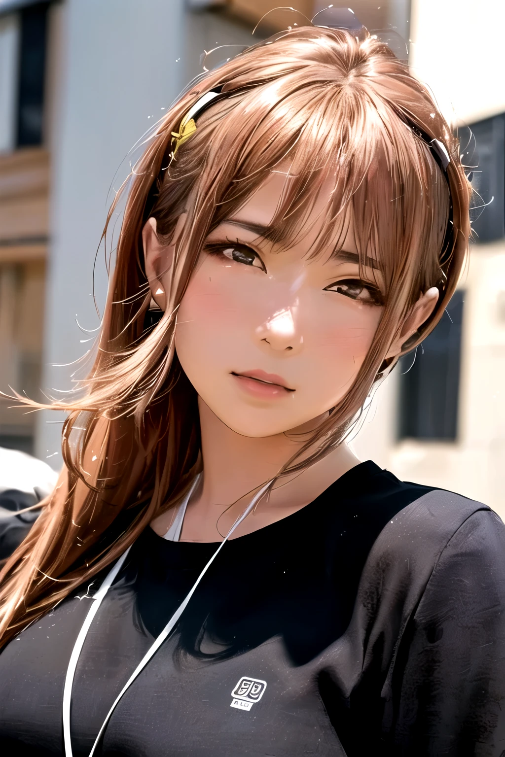 A woman wearing a headband is standing in front of a building, Beautiful Japanese girl face, Real life anime girls, Portrait of a Japan ager, Realistic young gravure idol, Chiho, Girl cute beautiful face, Close-up of a young anime girl, Japanese facial features, Young and cute gravure idol, Cute natural anime face, Attractive girl