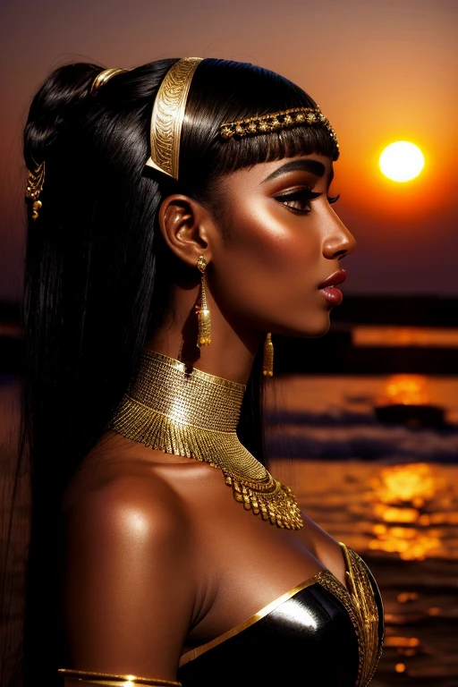 21yo, adult, side profile, wearing a cleopatra style dress, sunset, darkness, oiled skin, most seductive ai model