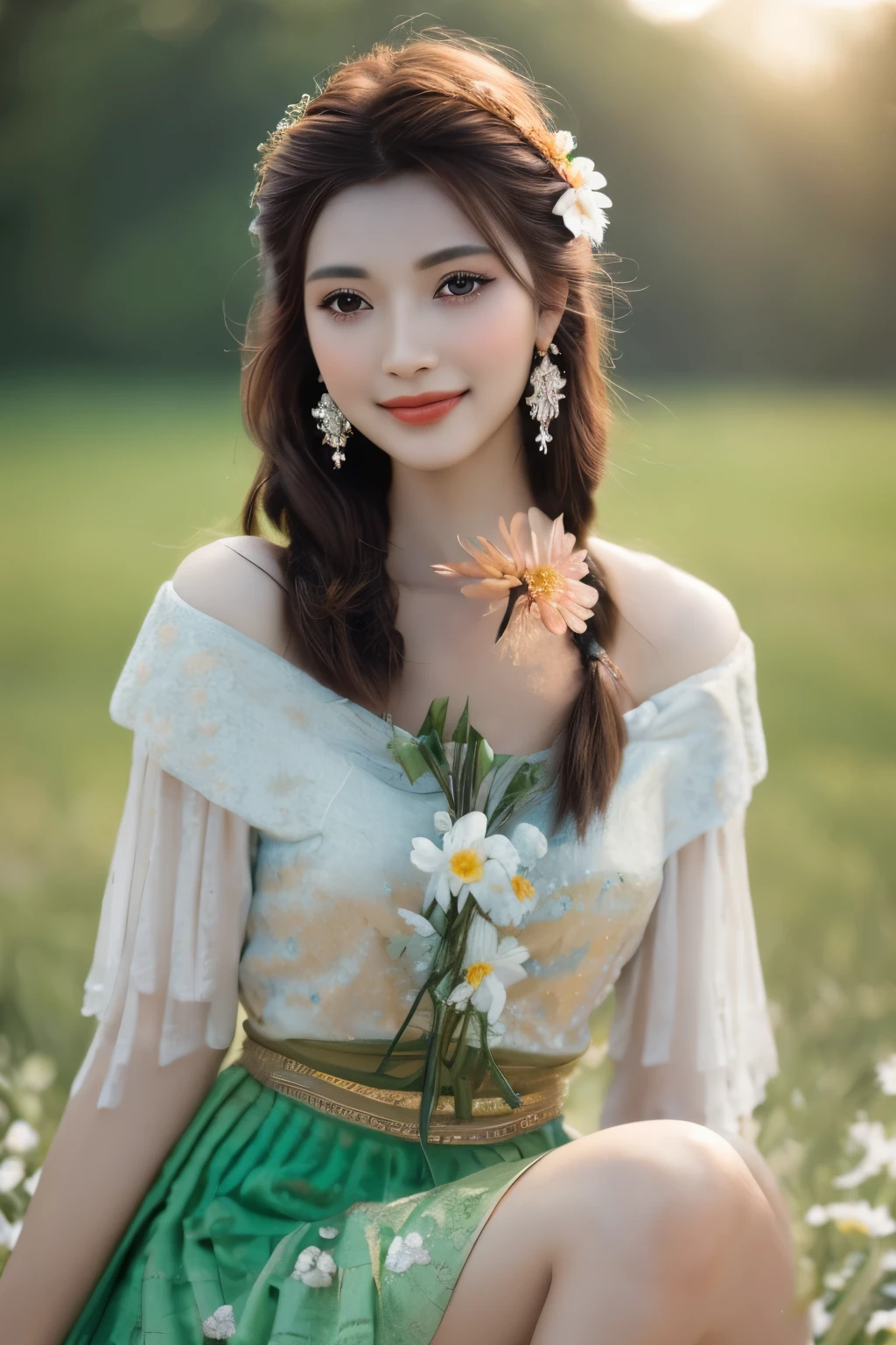 girlcuchoami, 1girl, smile, photo art, blurry background, brown eyes, brown hair, earrings, flower, hair flower, hair ornament, jewelry, lips, makeup, skirt, solo, a stunning photo with beautiful saturation, ultra high res,(realistic:1.4)),deep shadow,(best quality, masterpiece), pale skin, dimly lit, shade, flustered, blush, highly detailed, ((upper body:0.8)), skinny, BREAK depth of field, film grain, wrinkled skin, looking at viewer, knee, warm smile, (masterpiece,best quality:1.5) masterpiece,ultra realistic,32k,extremely detailed CG unity 8k wallpaper, best quality, 
 