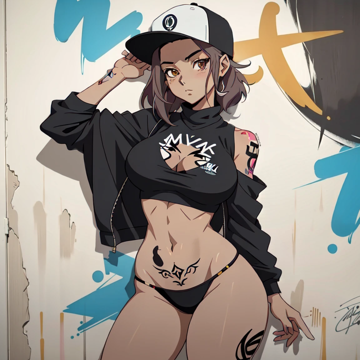 estilo anime, mujer grafitera, grafiti en la pared, desnuda contra la pared, gorra de lado, colores vivos, cabello rubio, buena figura, buenas curvas, tatuajes maxima calidad, ultra detallado, 8K, cuerpo entero, cowboy shot