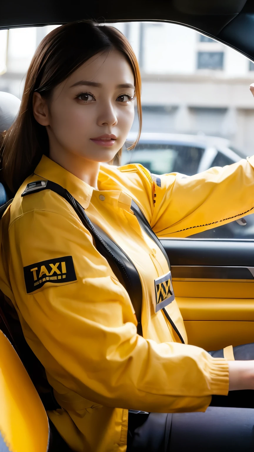 (8k, highest quality, masterpiece: 1.2), (Realistic, Realistic: 1.2), In a taxi、 (((Female taxi driver))), Take the driver's seat、Driving a taxi、Wear a taxi cap、cute、He said he'd take me、(((He is having a pleasant conversation with a passenger in the back seat.)))