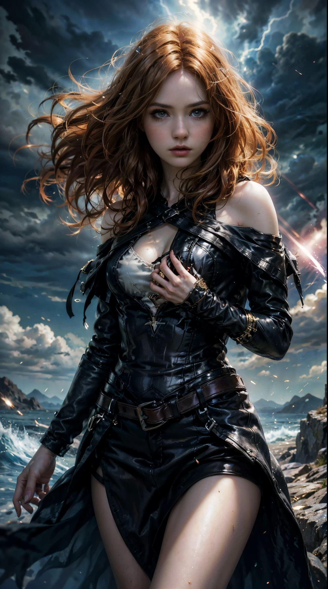 (skindentation:1.5), Realistic, Photorealistic, Karen Gillan, (masterpiece:1.5), concept art, intricate details, highly detailed, photorealistic, octane render, 8k, unreal engine, dynamic pose, best quality, highres, (realistic face:1.1), (hyperrealistic:1.1), ((full_body)), nude, have big breast, perfect eyes,(shiny skin:1.2), (((hairstyle))), (((perfect hands))), (extremely detailed background), ((dynamic background)), ((lightning)), (light rays), ((1girl)), cloak on her shoulder, visible nipples, ((detailed eyes, high quality eyes, high quality face)), long curly windblown hair, casting lightning, electricity, swirling fire, radiating power, sparks, smoke, magic, ((dramatic)), epic, battlefield, depth of field, bokeh, 4k, gothic, ember, particles