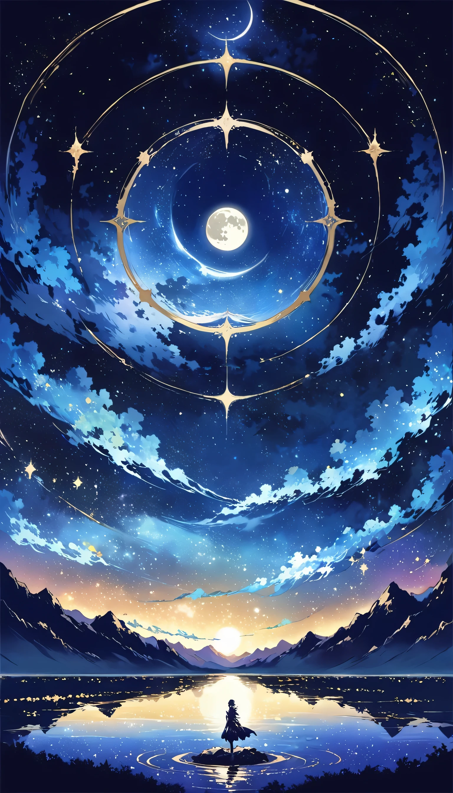 A condensed beauty of a painting of a river and the stars and moon in the sky, Concept art inspired by Mitsuoki Tosa, pixiv Contest Winner, highest quality, Fantasy art, Beautiful anime scene, Bright moon circle, Starry Sky environment in the moonlight, Dream Painting, Anime Background art, Dreamscape Painting, Great night, Anime Background, Background artwork, Great art, Atmospheric anime, Starry Sky, Detail enhancement.  