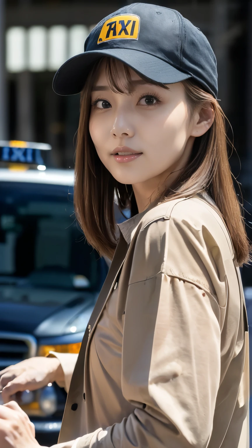 (8k, highest quality, masterpiece: 1.2), (Realistic, Realistic: 1.2), In a taxi、 (((Taxi driver))), Driving a taxi、Wear a taxi cap、 (((eye、mouth、No nose))),,(((A faceless man looking back)))