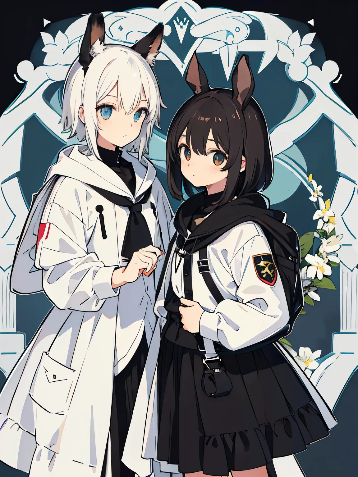 Personaje masculino animado no es de la vida real piel blanca cabello negro ropa negra y mochila de forma de conejo y negra