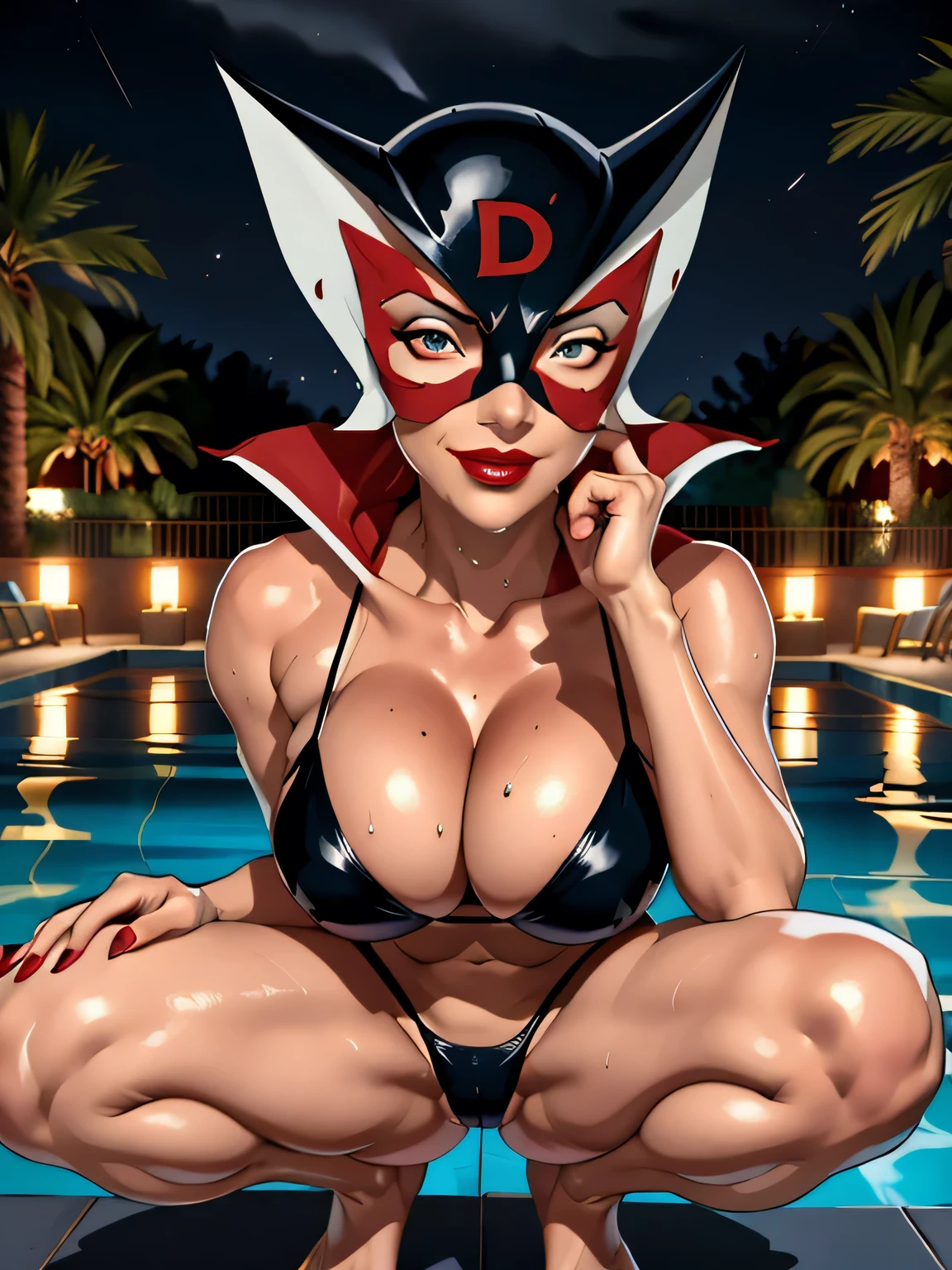 ((highest quality)), ((masterpiece)), (Familiar), (High resolution), Cinematic, (Complex:1.4), Best Shadow, Side lighting, 8k, ((Charlize Theron)), ((Doronjo)), Perfect Face, detailed, (Accurate hand and finger depiction), (Doronjo Mask), ((Skull Print Micro Bikini Swimsuit)), ((The mask has a big red D inscribed on the front.)), (Blonde long hair, Wet Hair), Beautiful long red nails, Deep Red Lipstick, (smile), Sweat, (Voluptuous body), (Large Breasts:1.2)、(Cleavage:1.1), Tight waist, Big Ass, attractive, glamorous, ((Squatting by the pool:1.1)), ((Luxurious night pool)), (cowboy shot), (View from directly above)