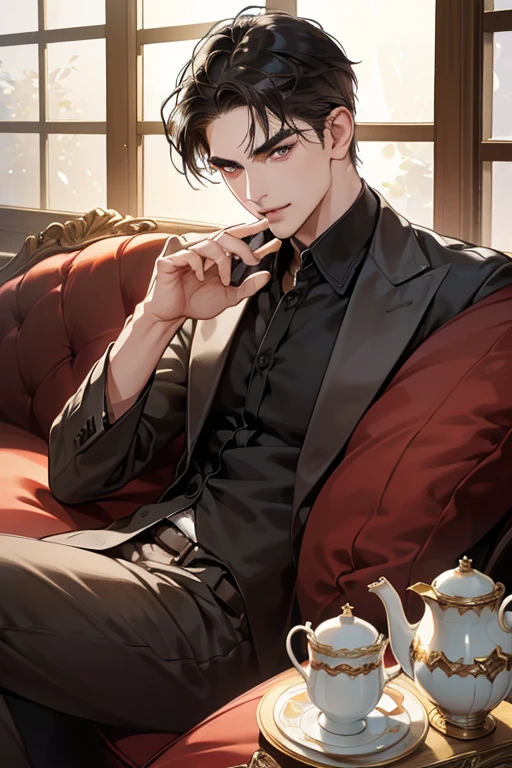 (masutepiece, Digital Art, Digital Illustration, 4K, 8K, Ultra-detailed, beautiful image, Sharp Image, Photorealistic, Raw photo, Perfect face, Perfect lines, Perfect eyes, Soft lighting) 1 male human, (A dark-haired,of hair between the eyes,2 blocks long,short-hair,Slippery hair,deadpan,Lowered eyebrows,Parallel eyebrows,Narrow-eyed,drooing eyes,Beauty,kindly smile,ember,40 years old:1.3),Handsome men, (ember,Man in a suit,Thin macho,Firm shoulder width,Adult male:1.2),Antique furniture,Antique sofa,Leather sofa,Antique table,aroma Candle,fantastical light,candelabra,At work,Sleepy face,Frantically opening your eyes,Troubled face,Beautiful eyebrows,Chunky jaws,Wrinkles at the corners of the eyes,afternoon tea,Elbow